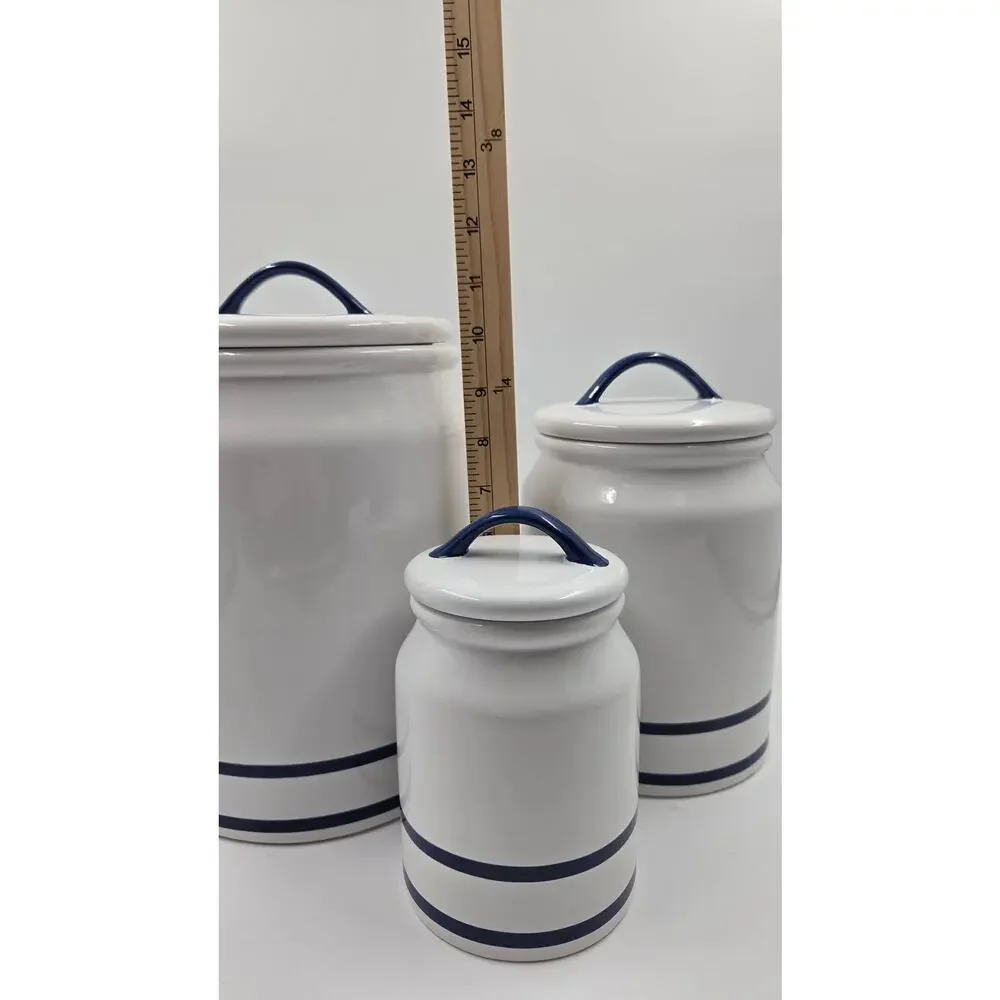 Martha Stewart Farmhouse White w/ Blue Stripe Ceramic Canister Set
